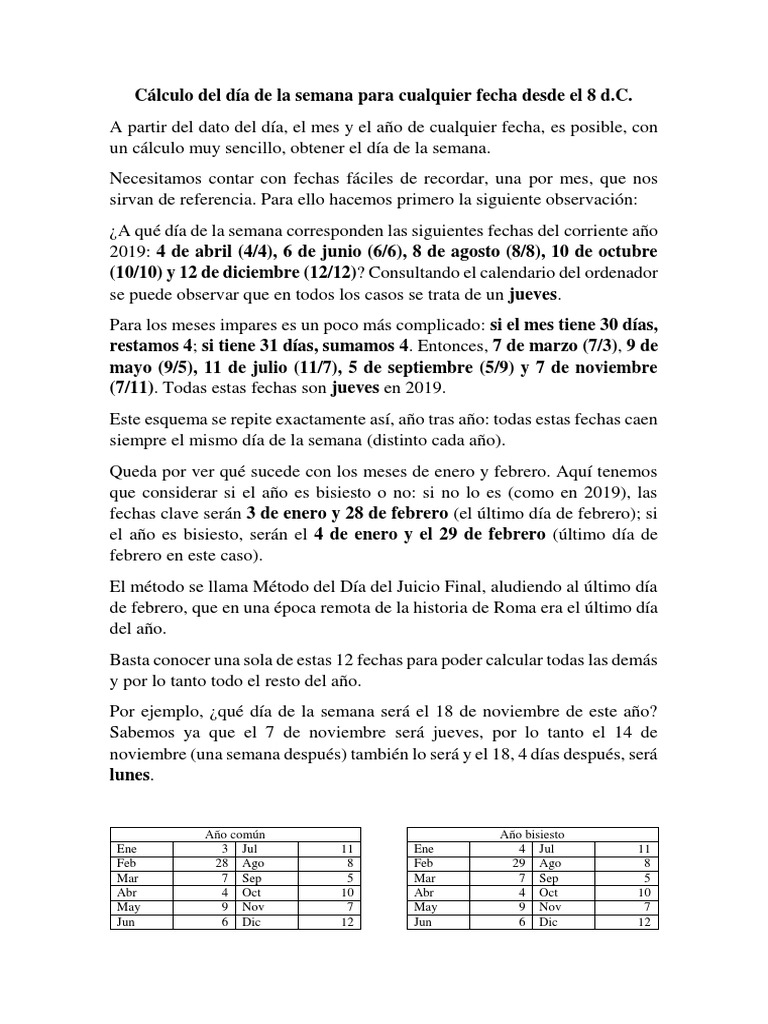 Cálculo Del Día de La Semana para Cualquier Fecha Desde El 8 D | PDF ...