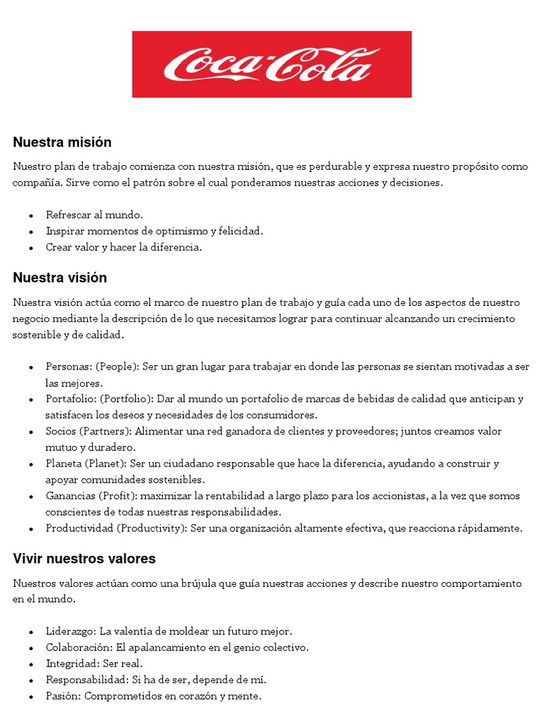 Mision Valores Coca Cola | PDF