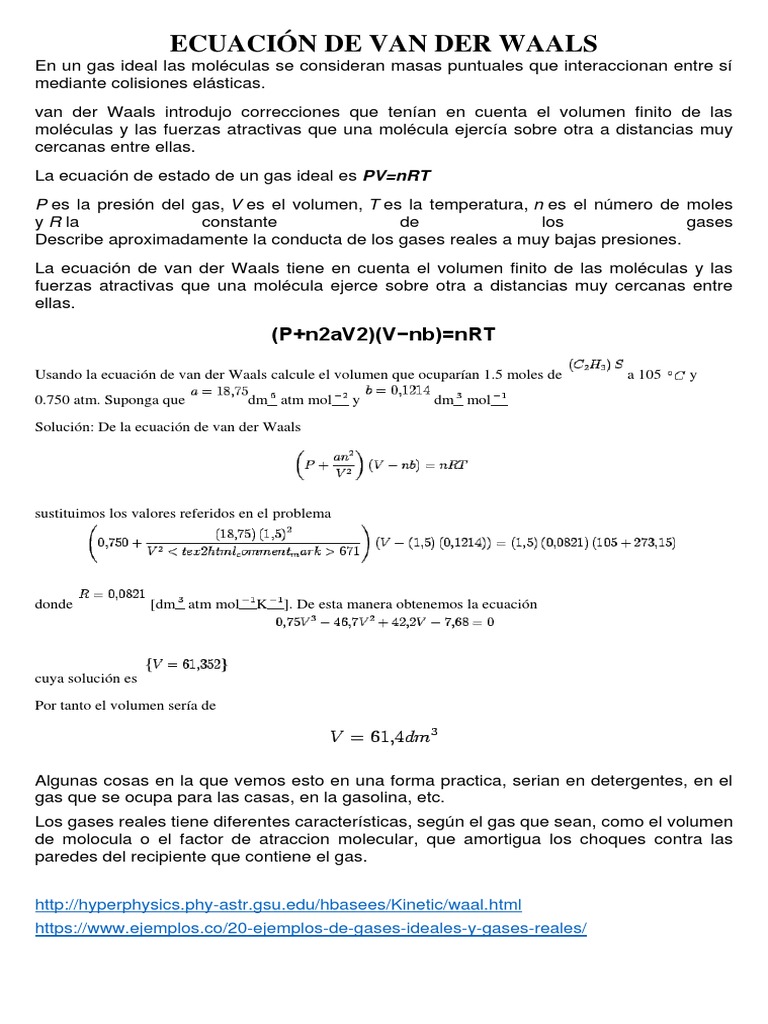 Ecuación de Van der Waals y Gases Reales | PDF | Gases | Importar
