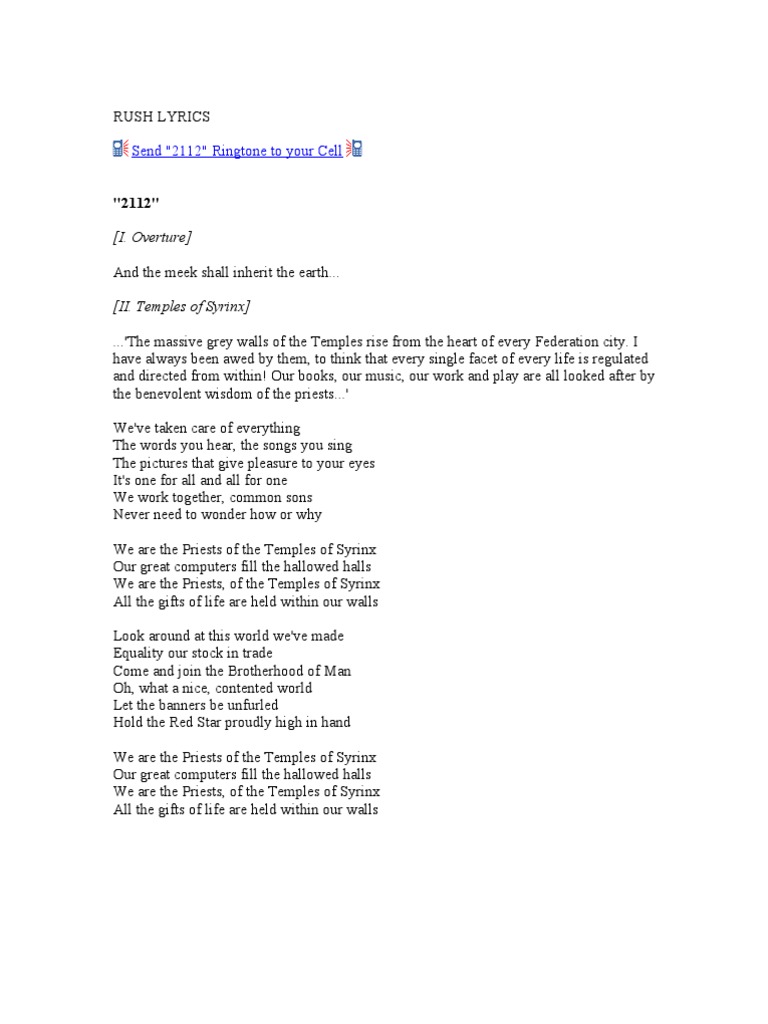 Rush Lyrics PDF Nature