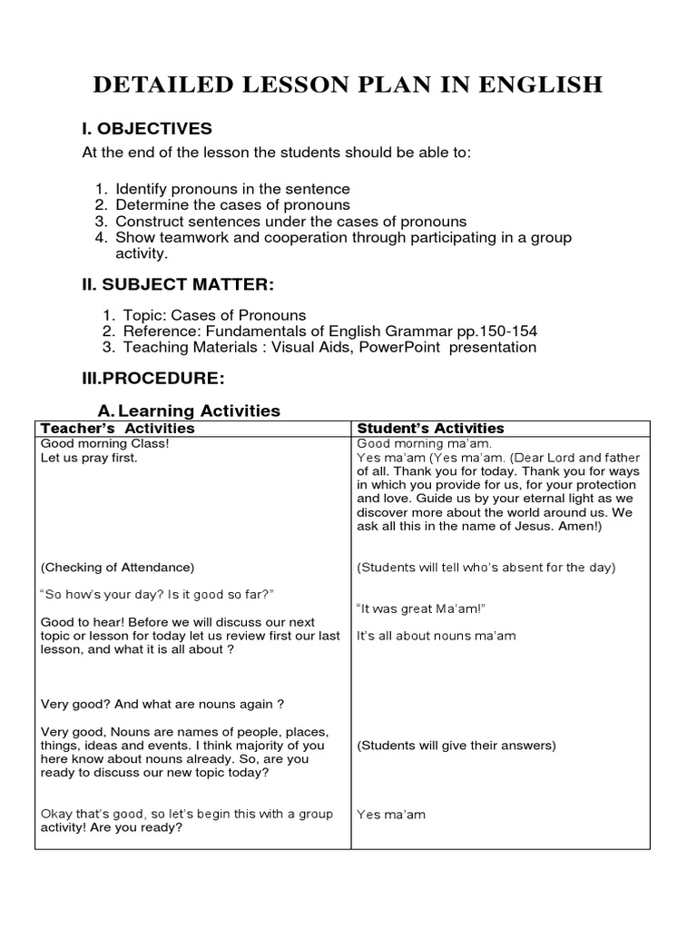 Detailed Lesson Plan in English (CASES OF PRONOUNS) | PDF | Lesson Plan |  Pronoun