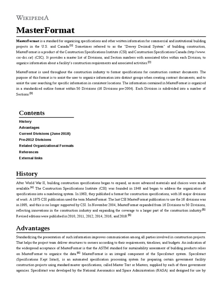 MasterFormat | Specification (Technical Standard) | Economic Sectors