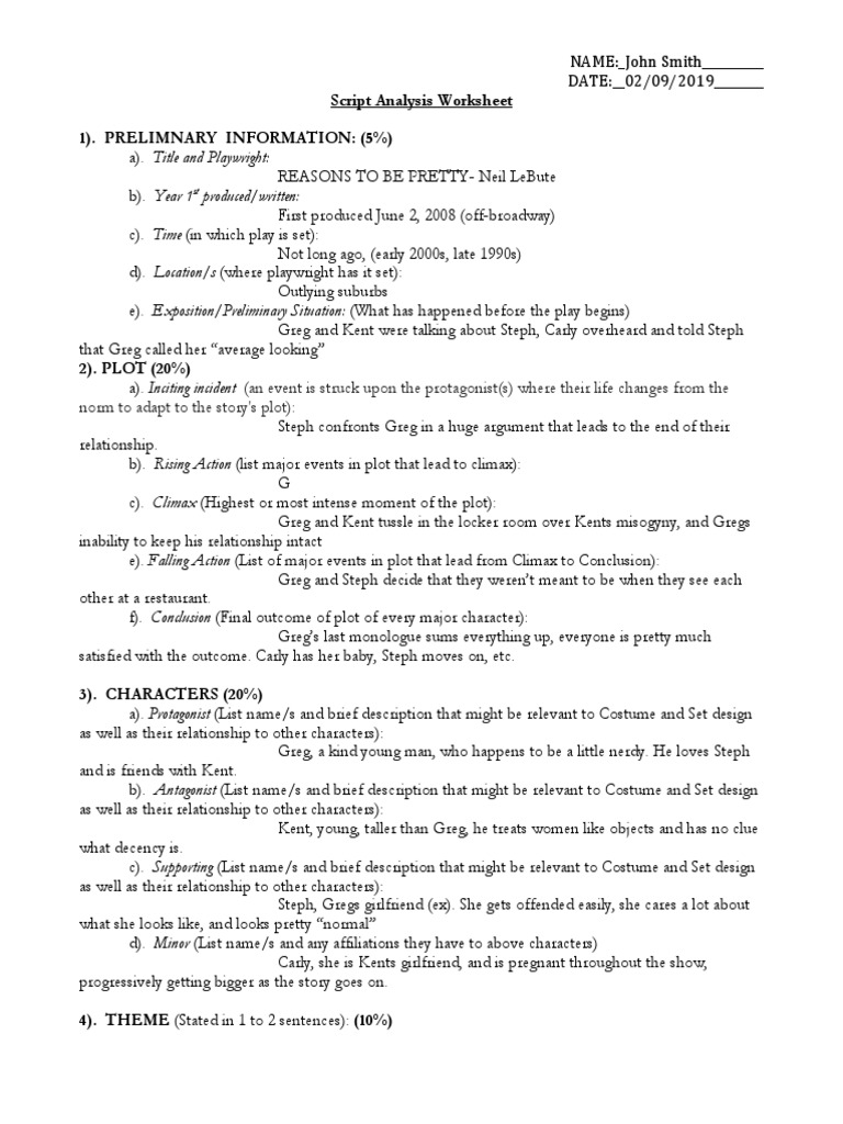 Script Analysis Worksheet | PDF | Play (Theatre) | Plot (Narrative)