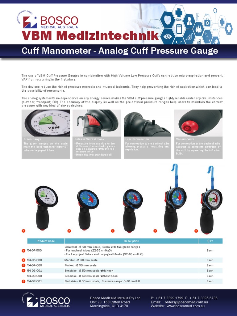 VBM Cuff Manometer Analog Pressure Gauge PDF Pressure Measurement Vacuum Tube