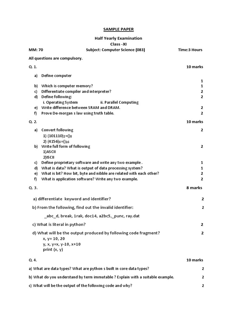 Class XI Computer Science Sample Paper | PDF | Digital Technology ...