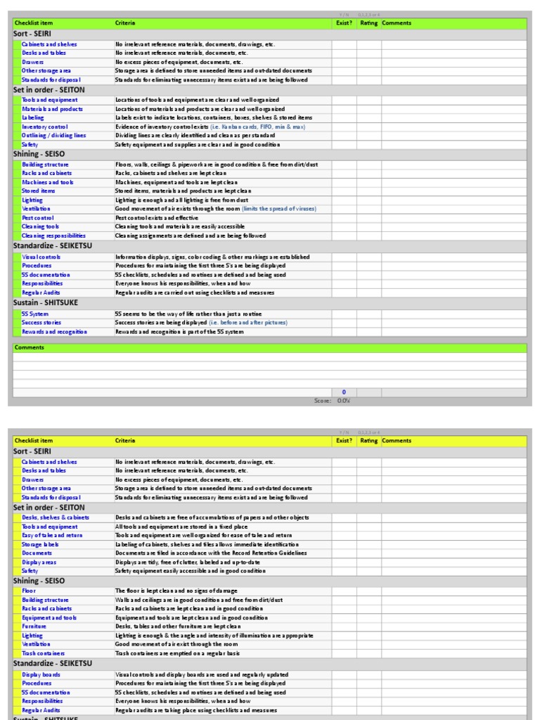 5S Checklist Template Excel