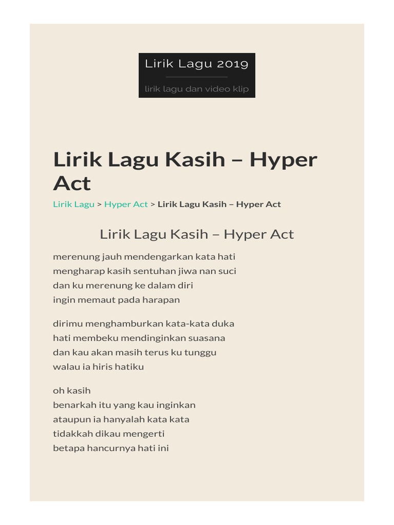 Lirik Lagu Kasih Hyper Act