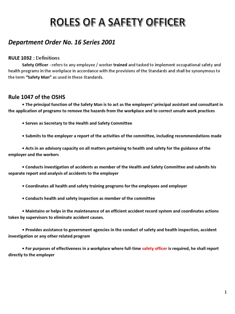 Safety Officer Roles and Responsibilities | PDF | Occupational Safety ...