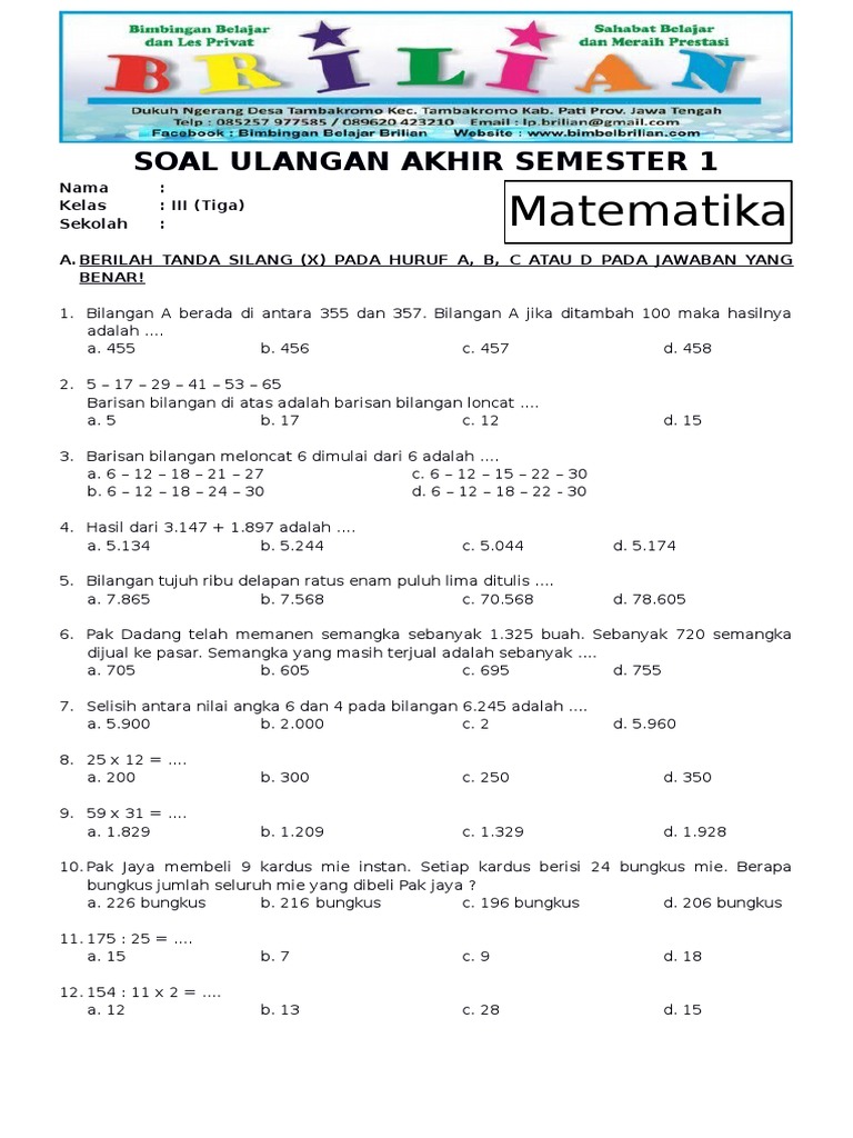 40 Soal Matematika Kelas 3 SD MI Semester 1 Lengkap Kunci Jawaban