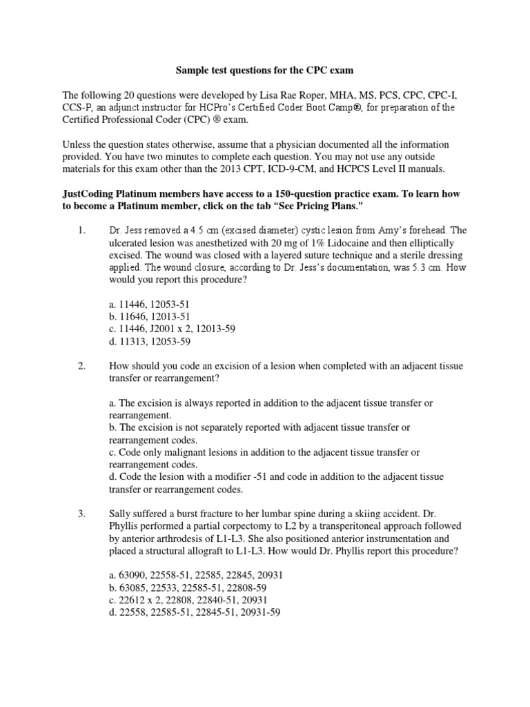 Sample Test Questions For The Cpc Exam Coronary Artery Pass Surgery Surgery