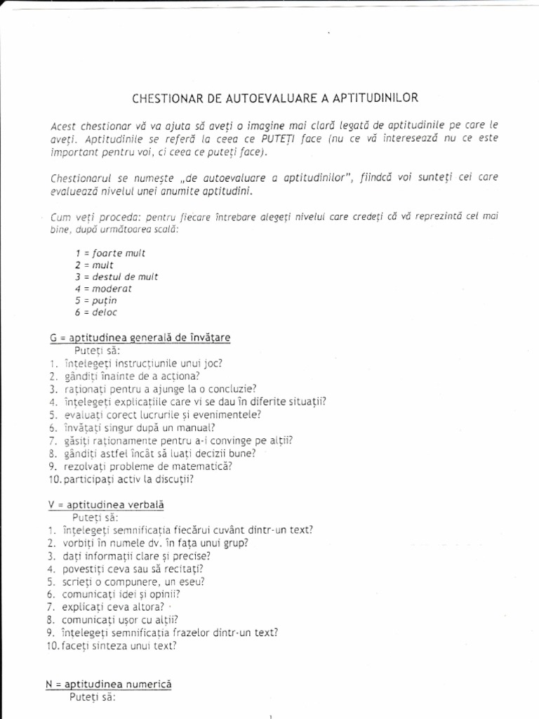 Autoevaluarea Aptitudinilor PDF | PDF