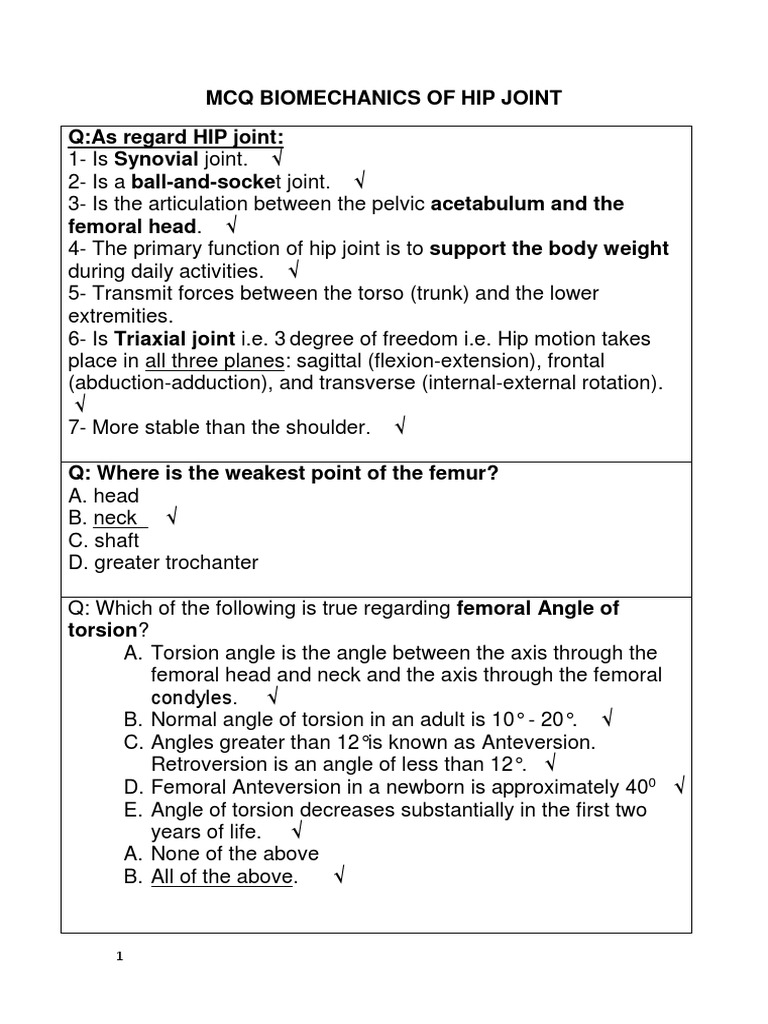 Hip Joint Biomechanics MCQs | PDF | Hip | Anatomical Terms Of Motion