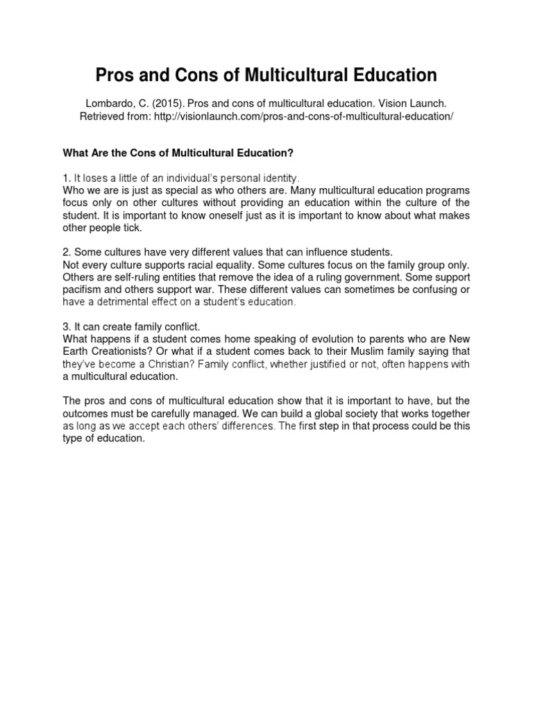 Pros and Cons of Multicultural Education | PDF