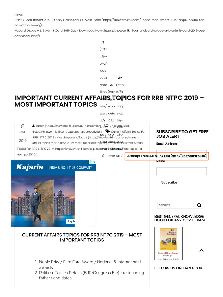 important current affairs for ntpc 2019