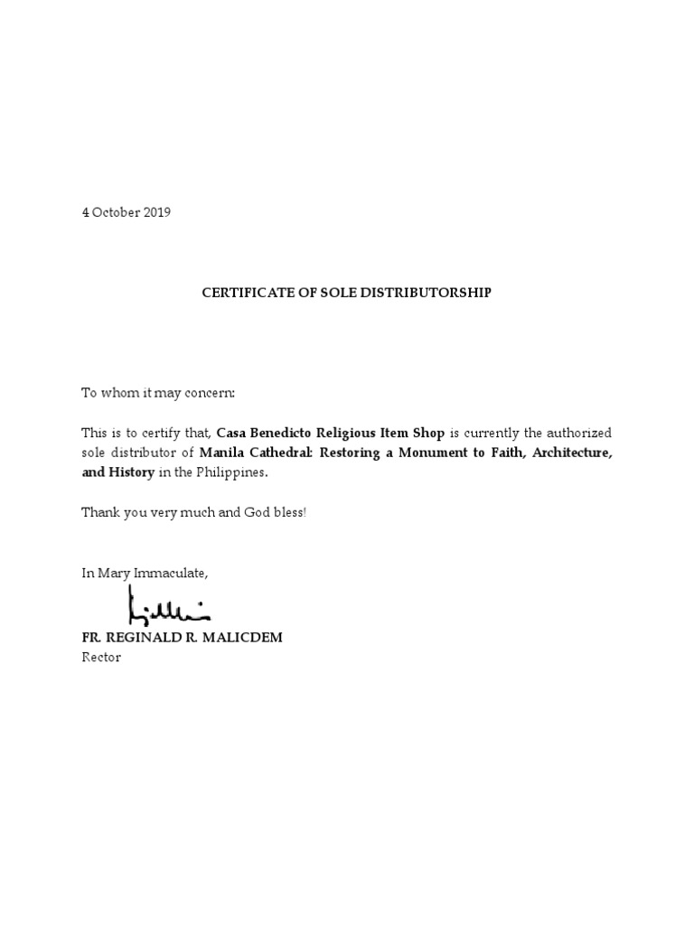 Certificate of Sole Distributorship