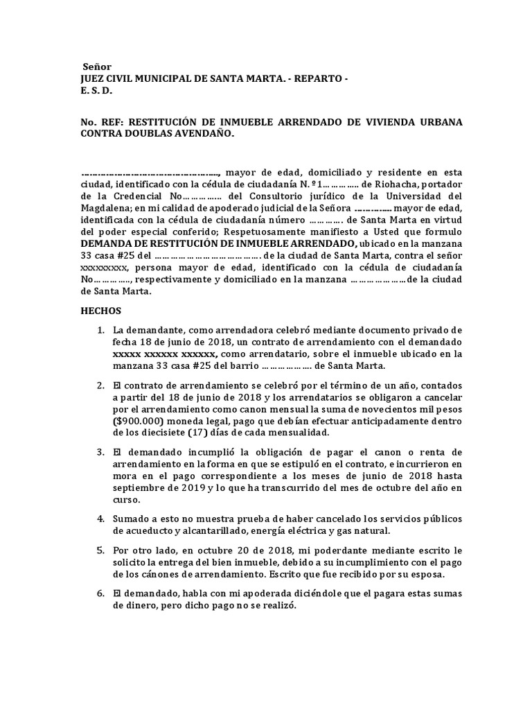 Modelo de Demanda de Restitución de Bien Inmueble | PDF | Demanda ...