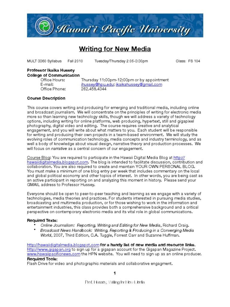 Writing for New Media Syllabus 12610 Mass Media Journalism Free