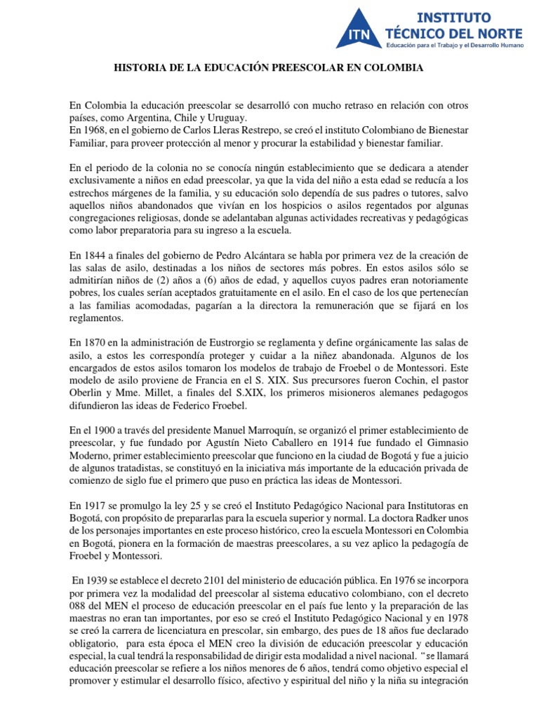 Historia de la Educación Preescolar en Colombia | PDF | Educación de la ...
