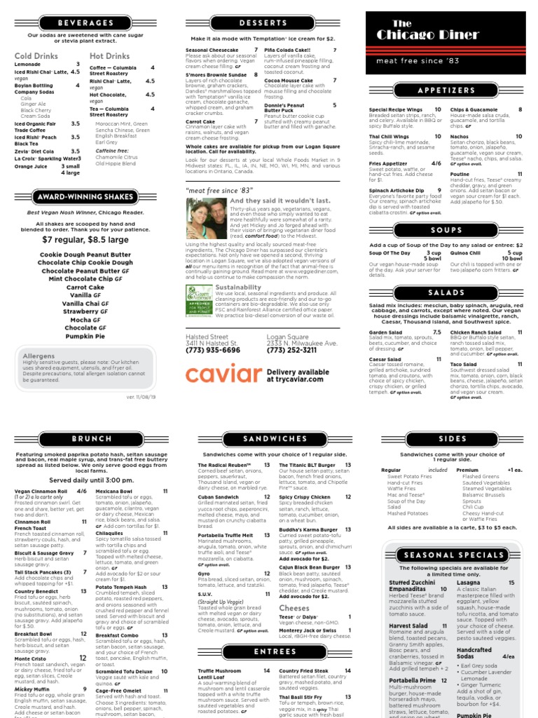 Chicago Diner To Go Menu | PDF | Sausage | Salad