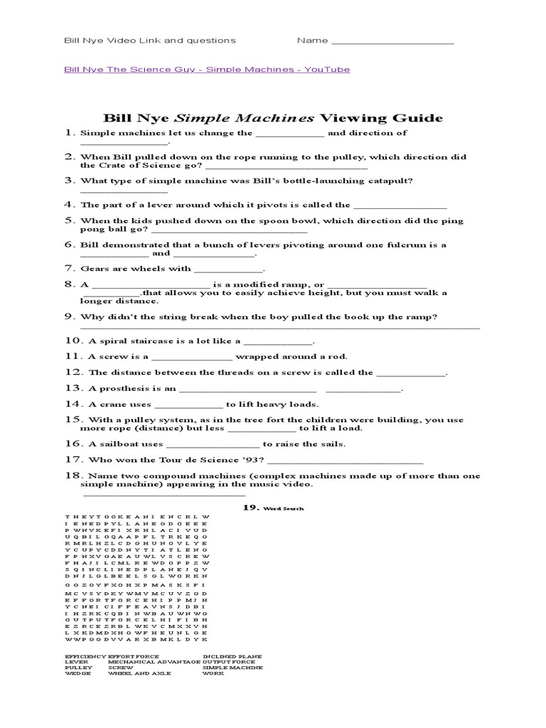 Bill Nye Simple Machines Video Worksheet  PDF  Machines  Lever Throughout Bill Nye Simple Machines Worksheet