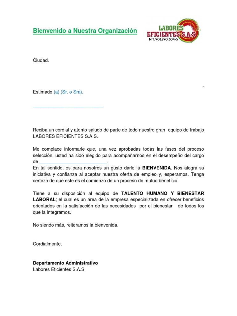 Carta BienvenidaCARTA DE BIENVENIDA A UNA EMPRESA