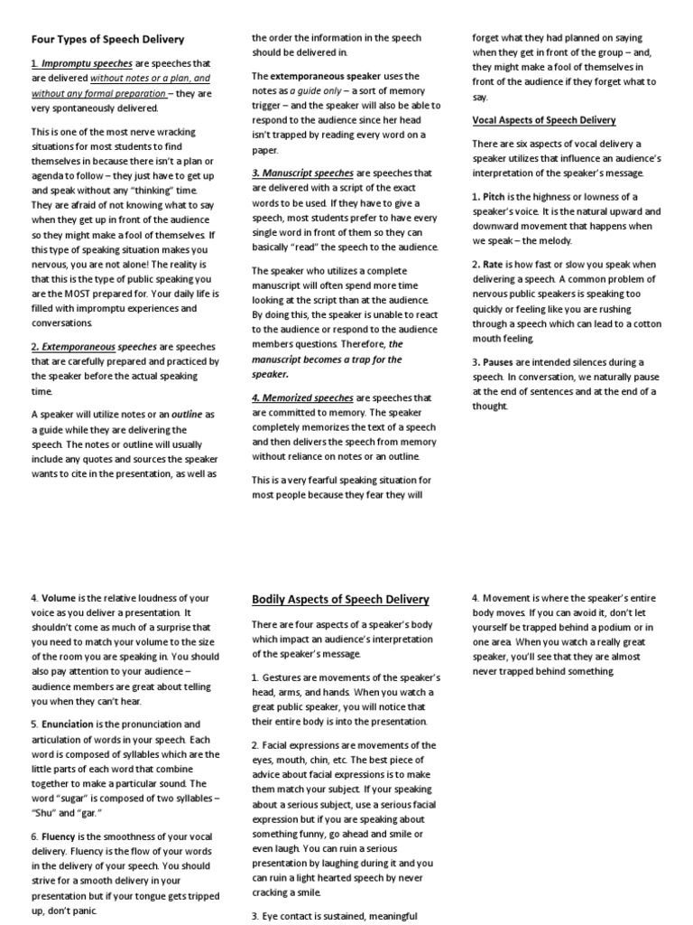 Four Methods of Speech Delivery | PDF | Speech | Public Speaking