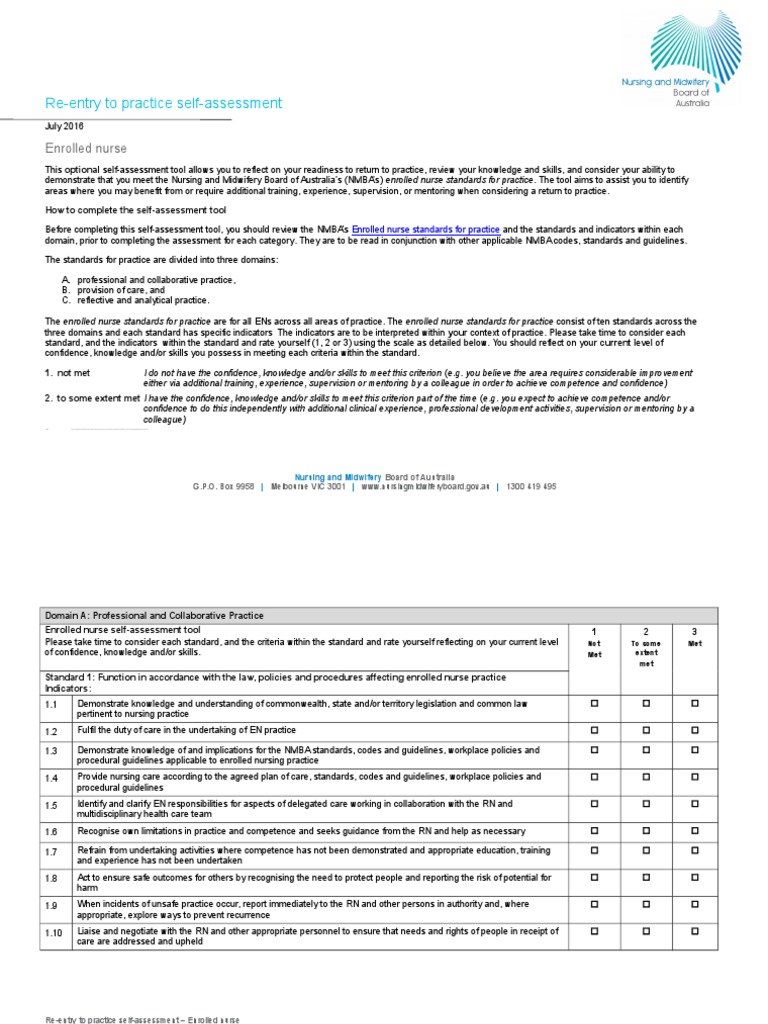 Enrolled Nurse Re-entry Self-Assessment Tool | PDF | Evidence Based ...