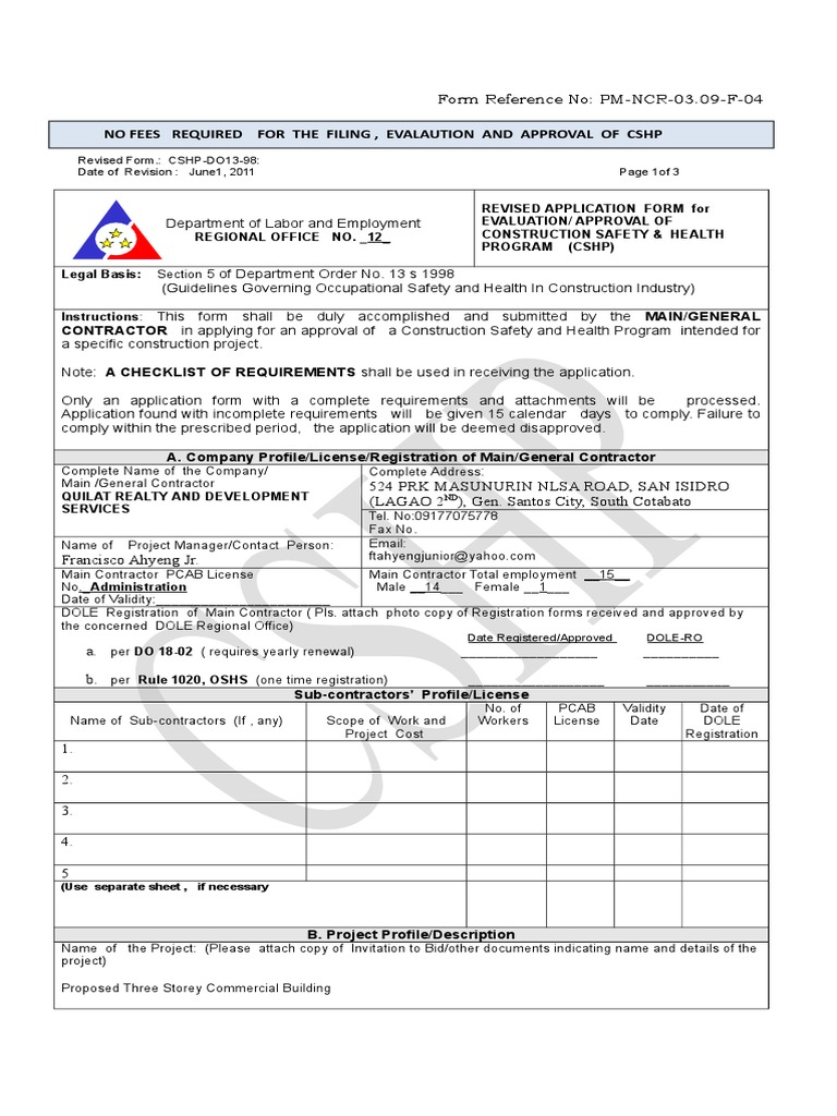 CSHP Application Form for Contractors | PDF | General Contractor ...