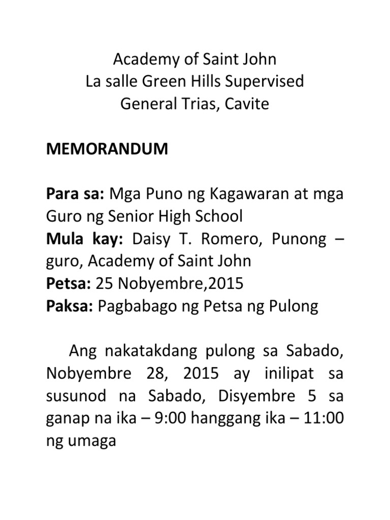 Halimbawa Ng Memo Ng Kabatiran Pdf