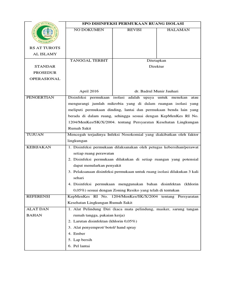 Prosedur Disinfeksi Ruang Isolasi RS | PDF