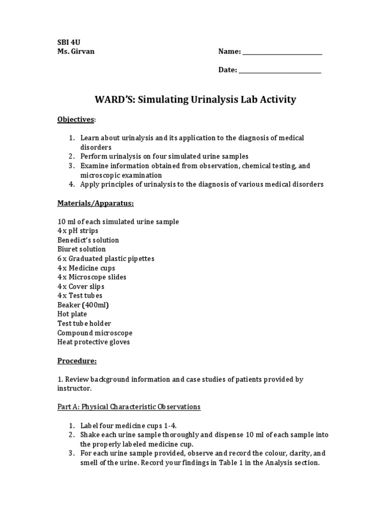 Wards Simulating Urinalysis Lab PDF Urine Medical Diagnosis