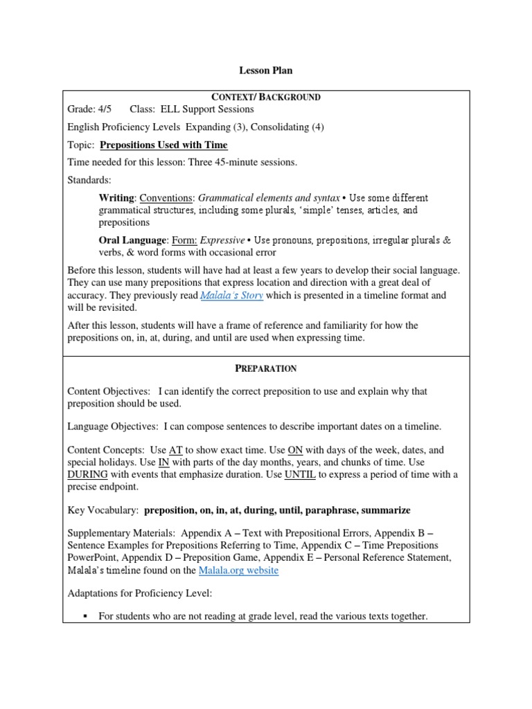 Prepositions of Time Lesson Plan | PDF | Plural | Preposition And ...