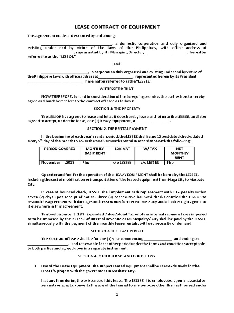 Lease Contract of Heavy Equipment | PDF | Lease | Private Law