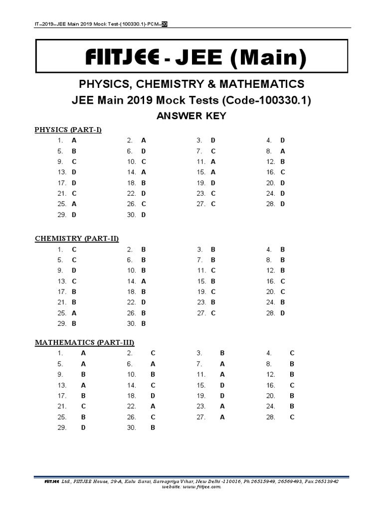 JEE Main 2019 Mock Test Answer Key | PDF