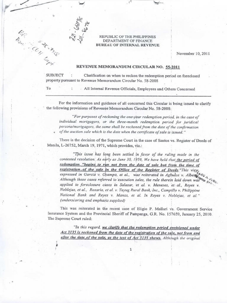 Bir Memo Circ 552011 Period of Redemption On Foreclosed Accounts PDF