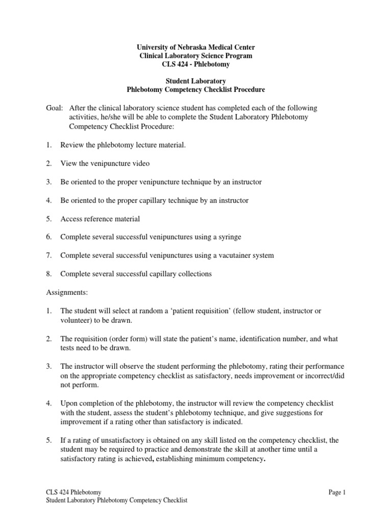 Phlebotomy Competency Checklist Guide | PDF | Medicine | Clinical Medicine