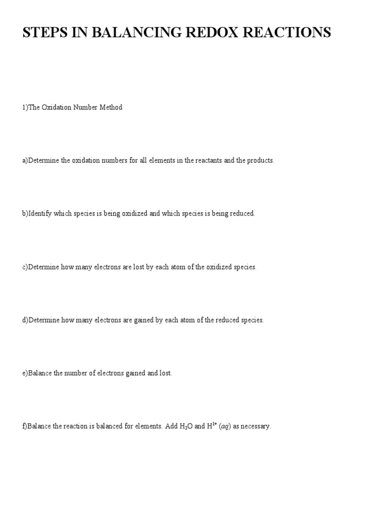 Steps to Balance Redox Reactions | PDF | Redox | Chemical Reactions