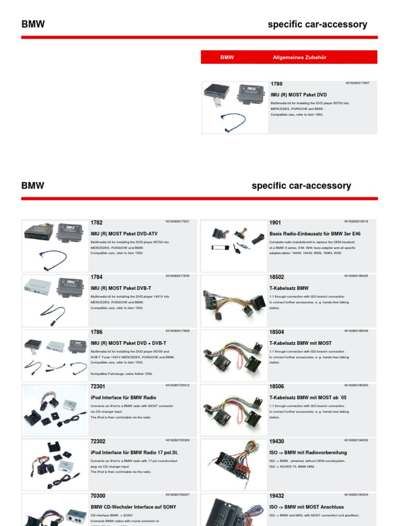 BMW Specific Car Accessory Catalog Listing Various Interfaces, Adapters