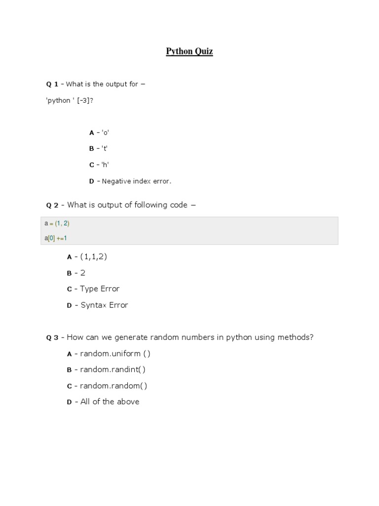 Python Quiz | PDF | Python (Programming Language) | Data Type