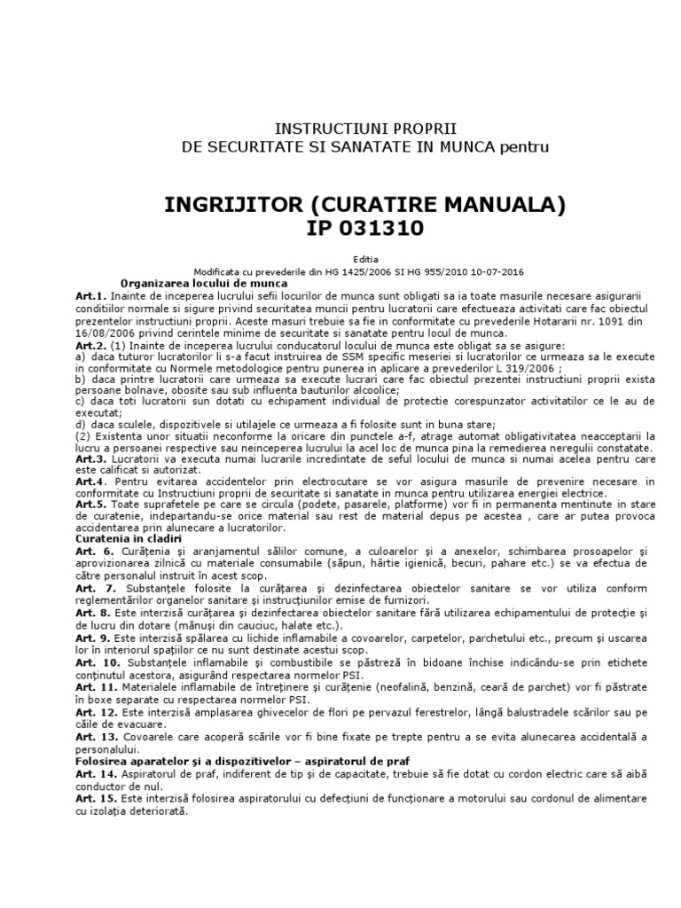 Instructiuni Proprii Ingrijitor Cladire | PDF