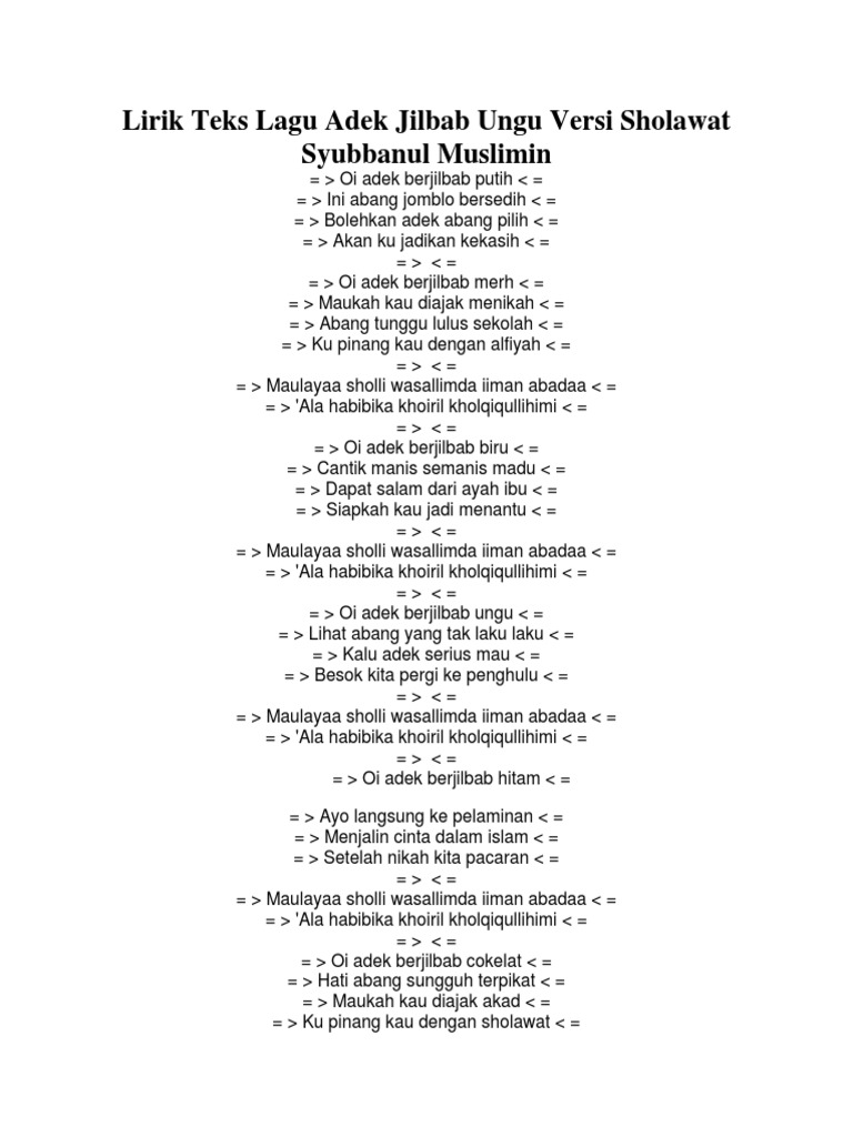 Lirik Teks Lagu Adek Jilbab Ungu Versi Sholawat Syubbanul Muslimin Islamic Belief And Doctrine Abrahamic Religions