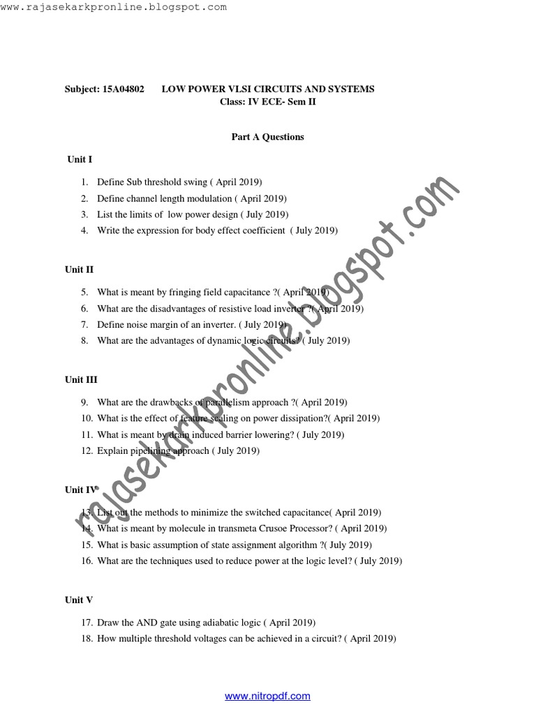 Low Power VLSI Design Questions | PDF | Cmos | Mosfet
