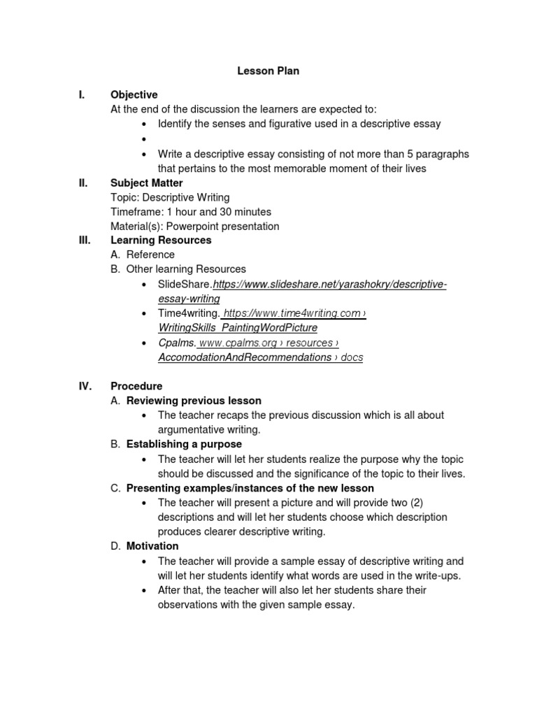 Lesson Plan - Decriptive Writing  Essays  Lesson Plan