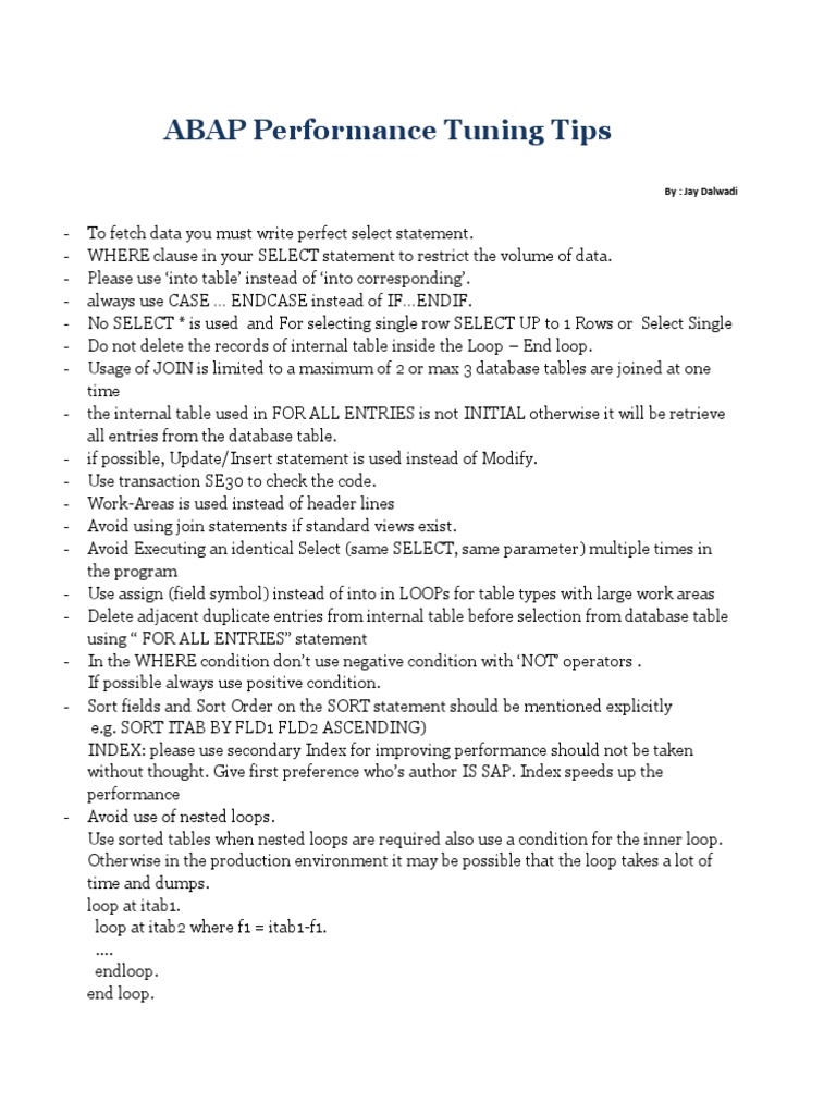 ABAP Performance Tuning | PDF | Database Index | Databases