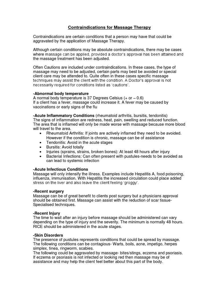 Massage Therapy Contraindications Guide | PDF | Vein | Edema