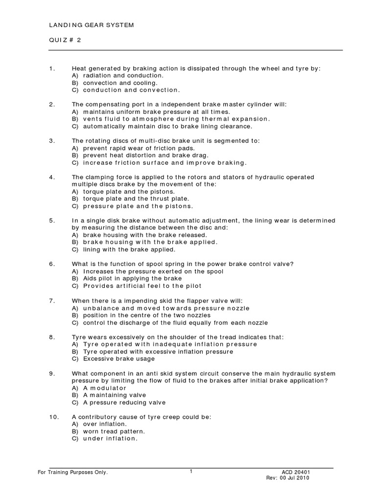 Aircraft Landing Gear Quiz Questions | PDF | Brake | Tire