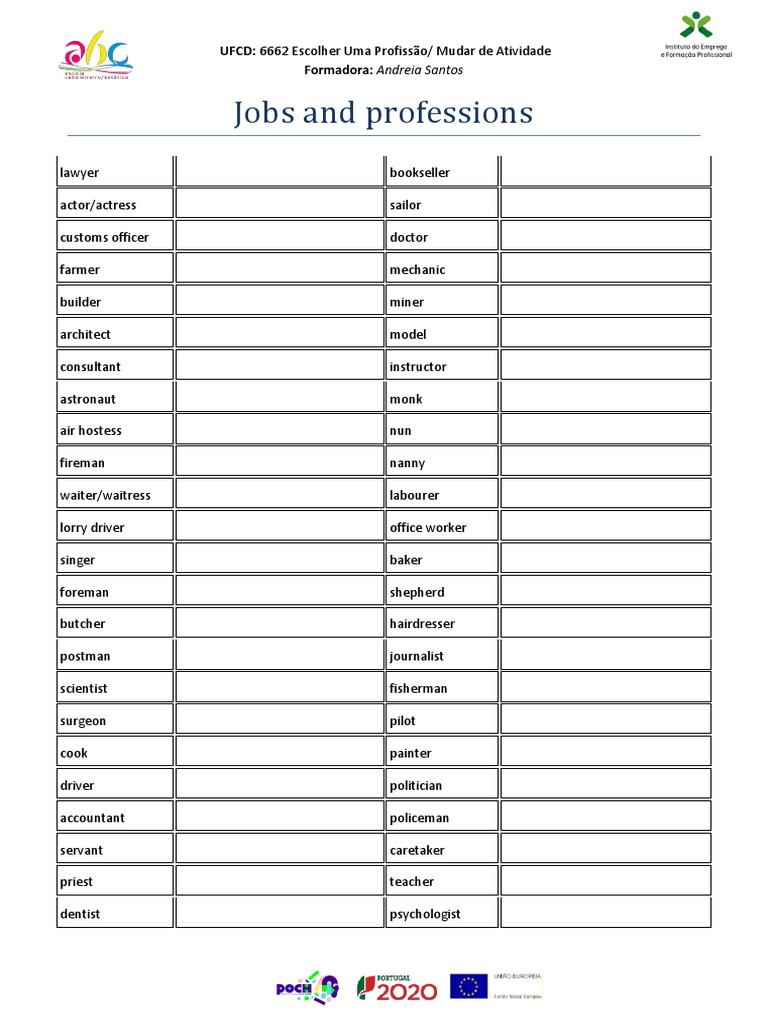 Ficha Trabalho1 Jobs+and+professions+-Diagnóstico | PDF | Employment ...