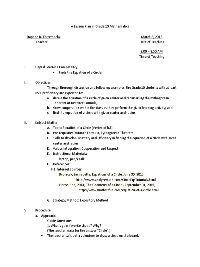 Grade 10 Lesson Plan: Circle Equations | PDF | Circle | Equations