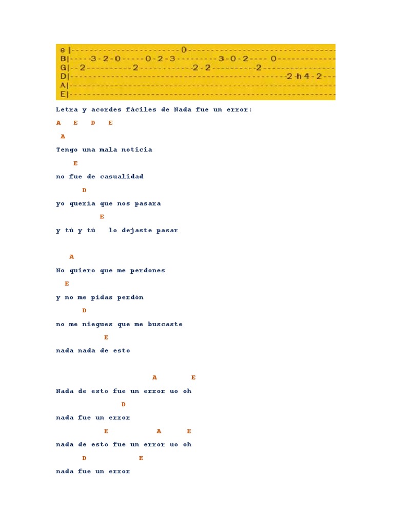 Letra y Acordes Fáciles de Nada Fue Un Error PDF