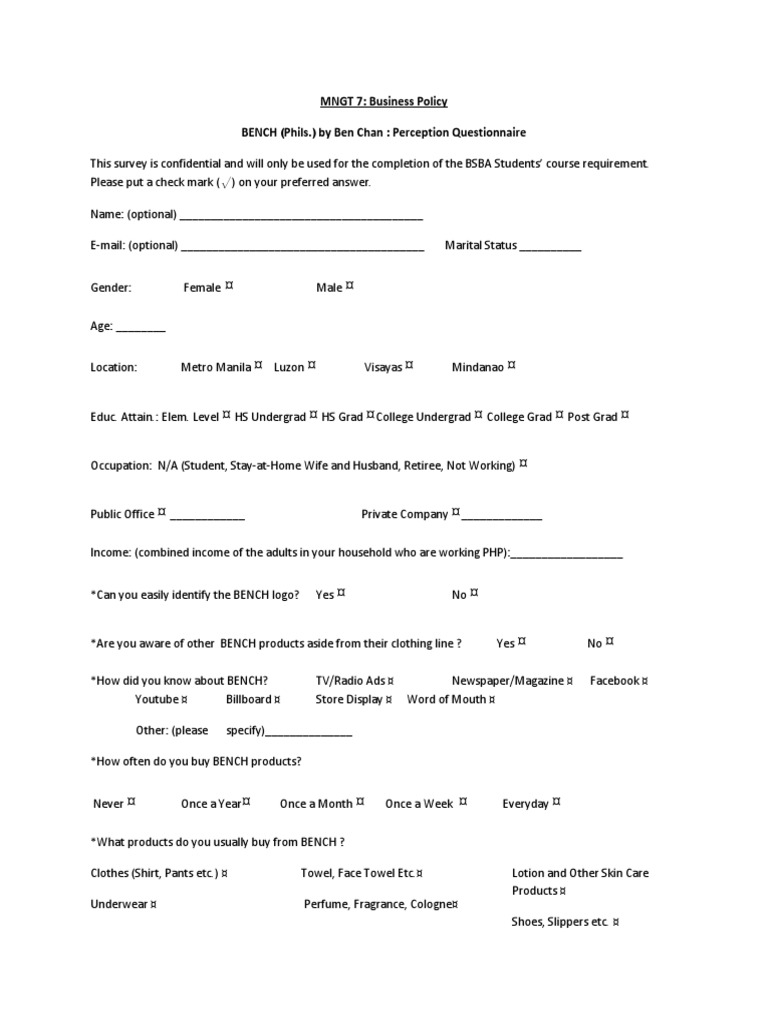 BENCH Brand Perception Survey | PDF